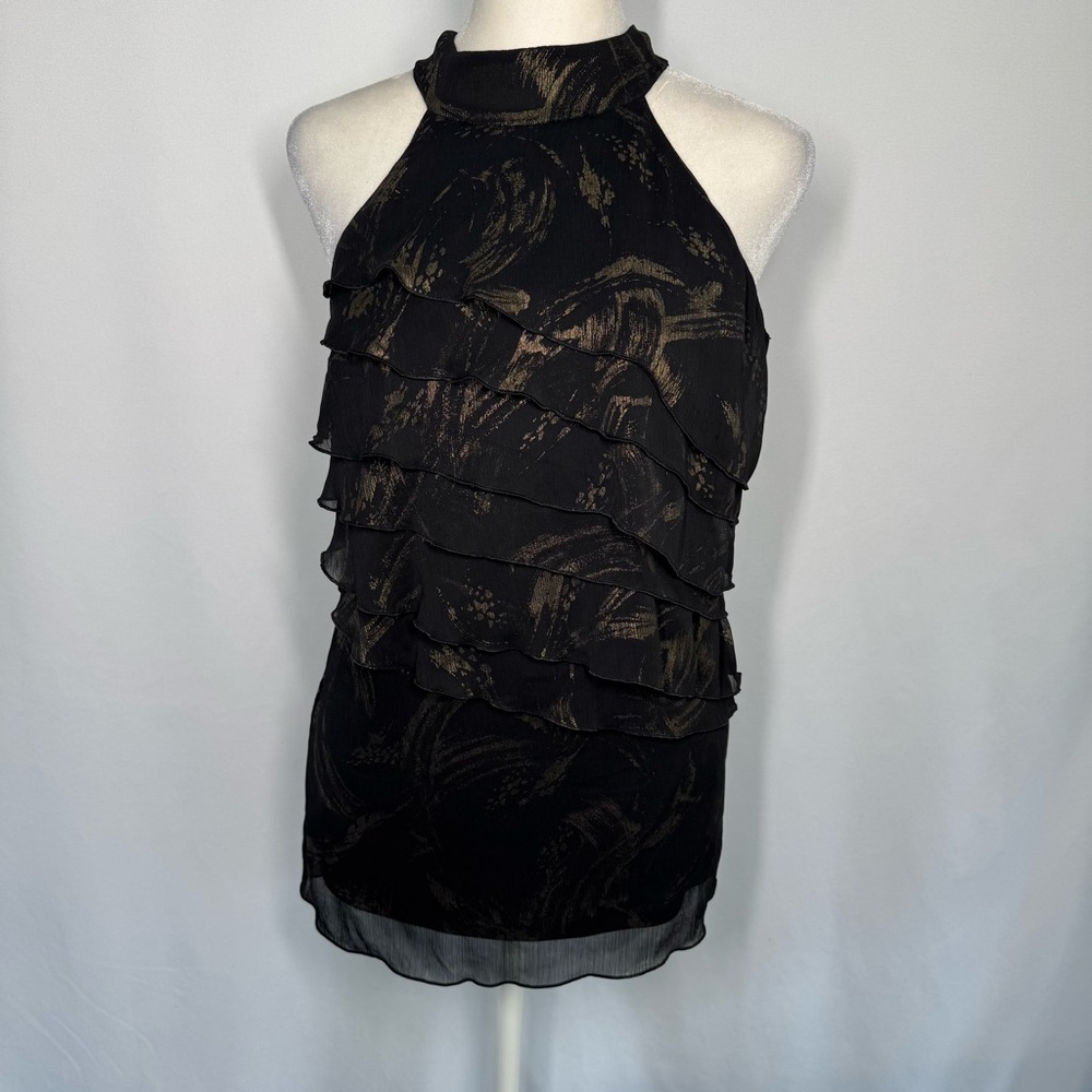 ❤️3/$30 BWear by Byer California Gold Brush Print Tiered Ruffle Halter Top - M - Picture 2 of 9